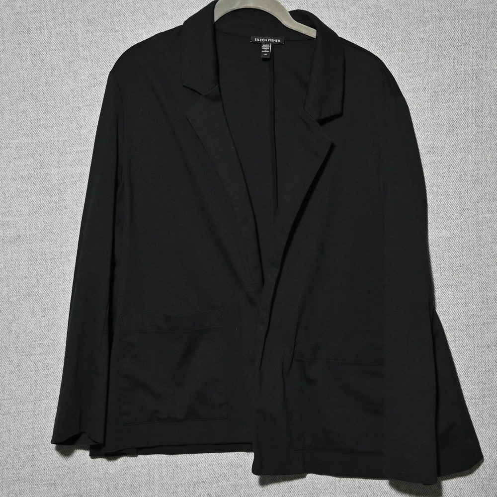 Eileen Fisher Blazer Womens Organic Cotton Stretch Open Front Large Black